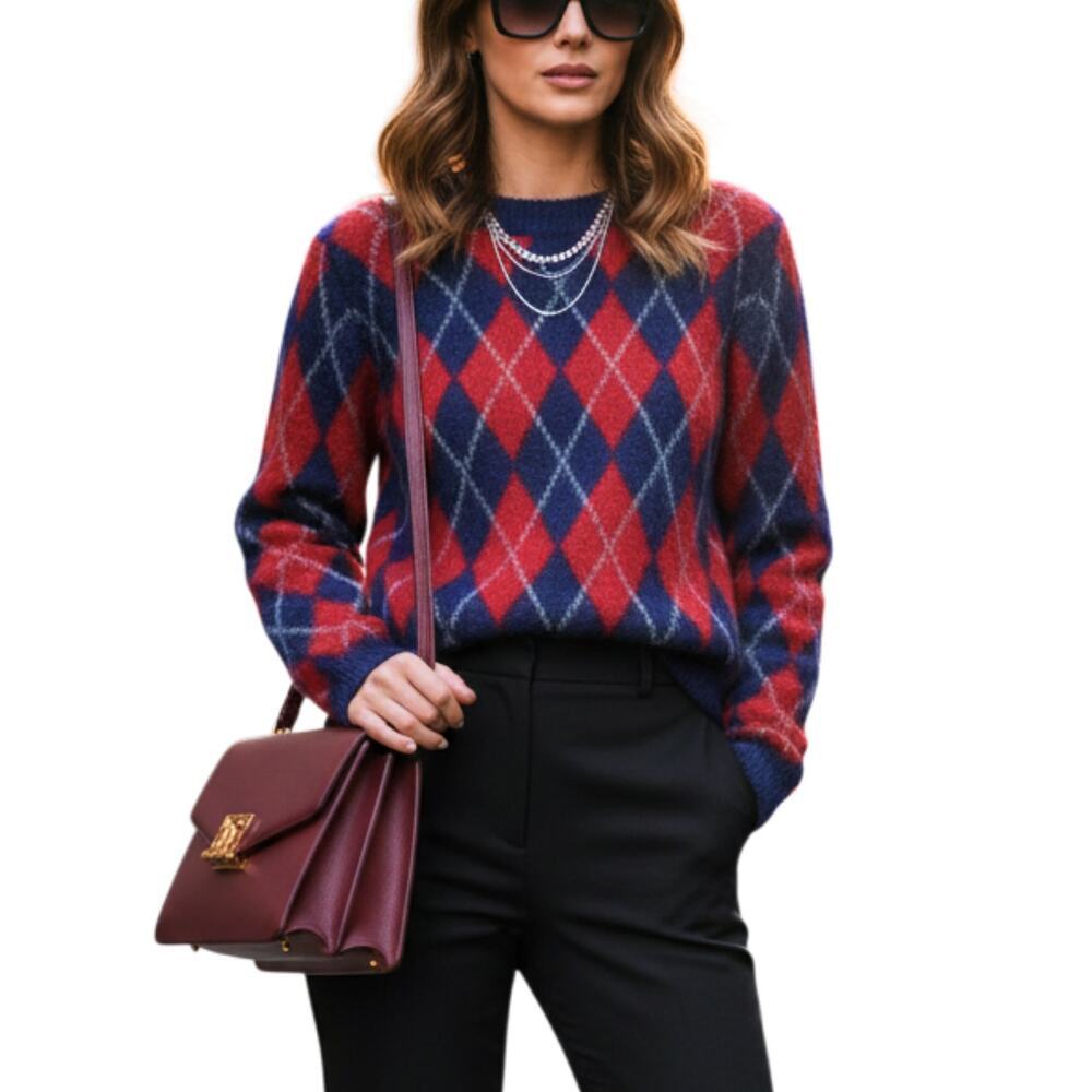 SANDRO Jona Argyle Mohair Blend Crew Neck Sweater Size 4 Blue Red Made In Italy